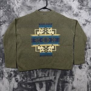 Pendleton Sweater Mens Medium Olive Green Southwestern Intarsia Cotton Knit